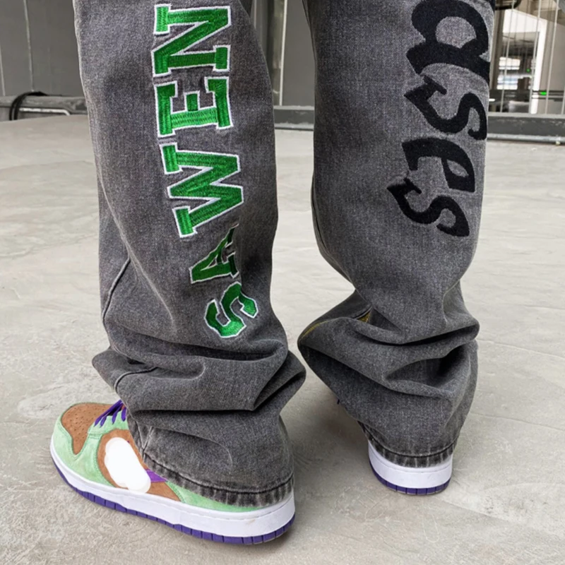 Men's Fashion Y2K Clothes Jeansy Letter Straight Trousers Denim Trousers Casual Jeans Wide Leg Pants For Men Streetwear Korean