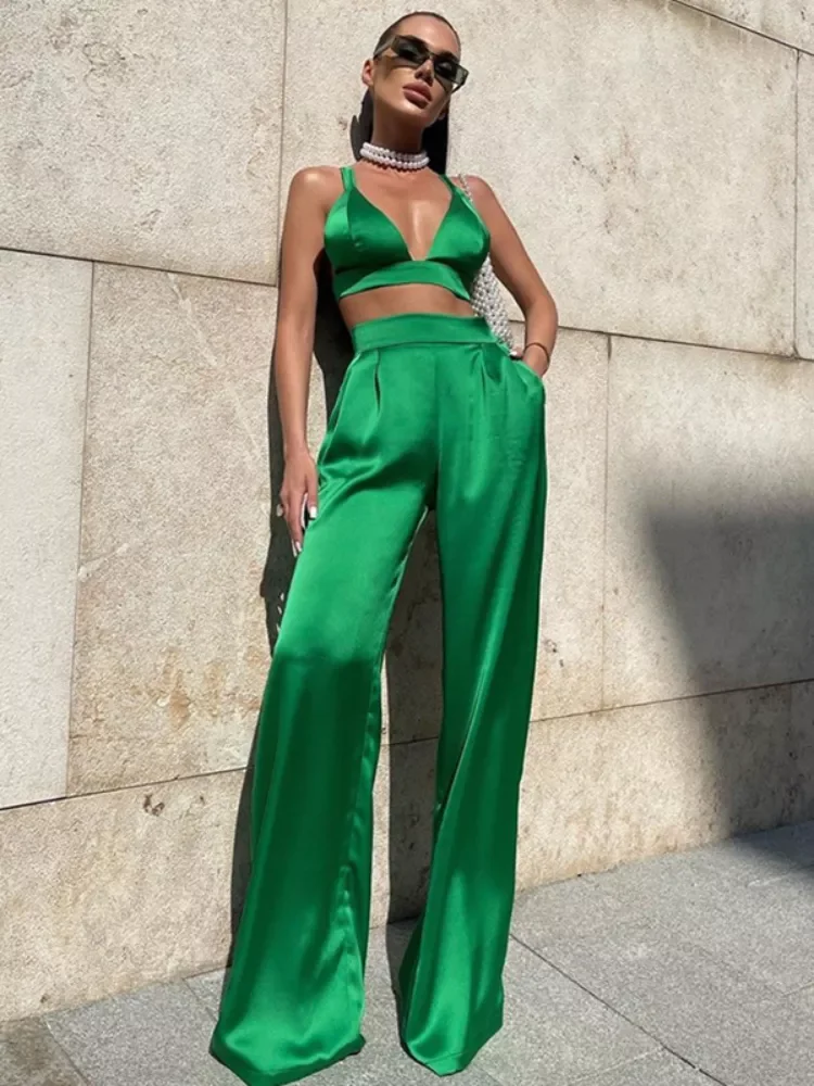 

Sexy Silky Satin Camis Crop Top and Pants 2 Piece Sets Women 2022 Fashion High Waist Pants Matching Sets Outfits Streetwear