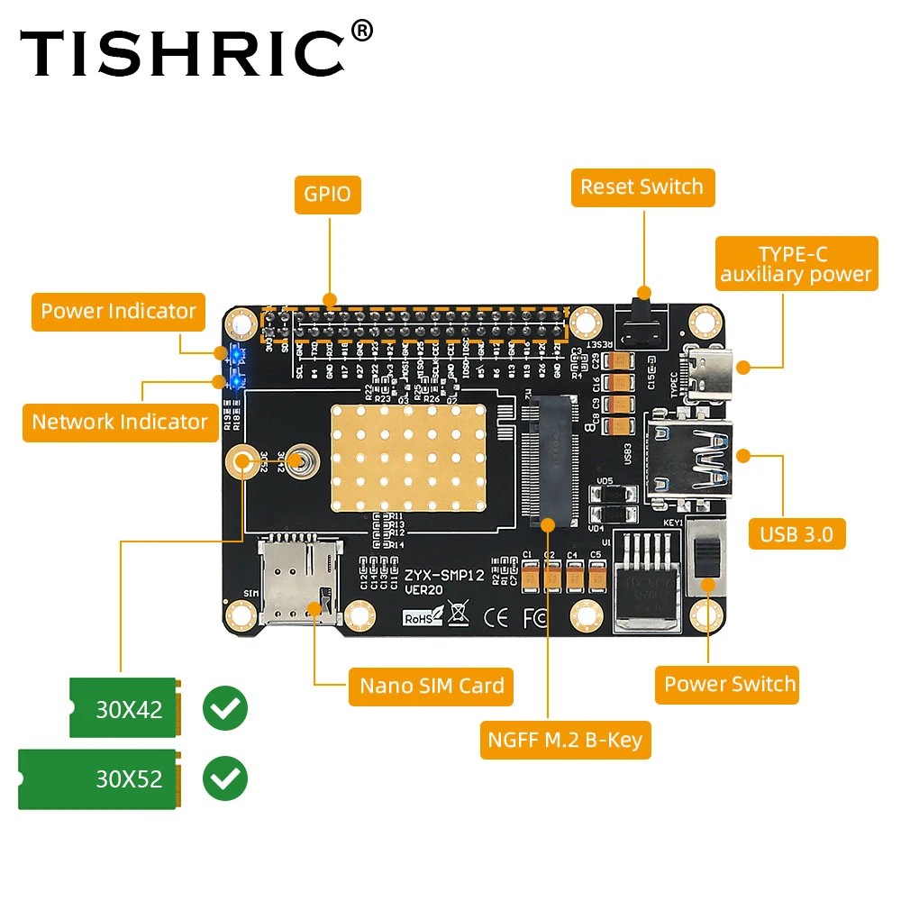 

TISHRIC M.2 5G Raspberry Pi Expansion Card For Raspberry/Samsung ARTIK /Rock64 Media Computer Board RM500Q SIM8200 GM800 Module