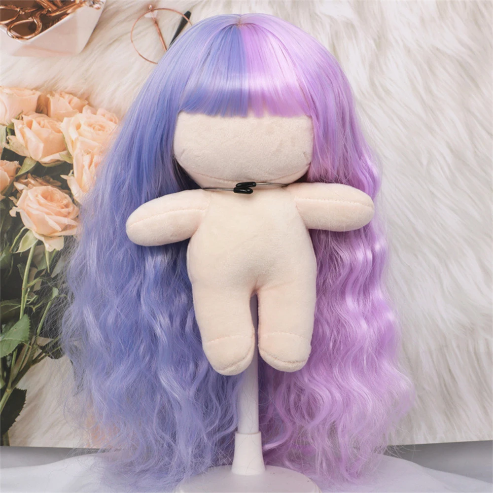 

AICKER Synthetic Wig Half Purple Blue Cute Kawaii Long Wavy Hair With Flat Bangs Heat Resistant Fiber For 20CM Cotton Doll