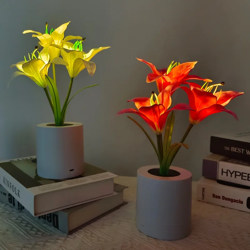 LED Lily Night Light Simulation Flower Table Lamp Home Decoration Atmosphere Lamp Romantic Potted Gift for Office/Room/Bar/Cafe