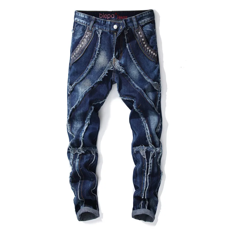 

Men's fashion jeans trendyol streetwear hip hop calca rock motorcycle ripped patchwork jeans for men