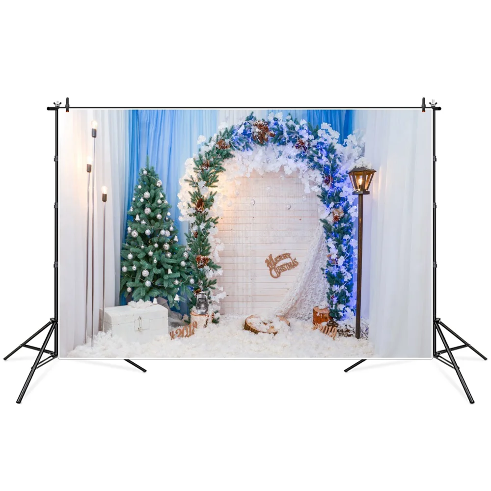 

Фон для фотосъемки с изображением рождественской елки гирлянды арки фонарей снежной комнаты
