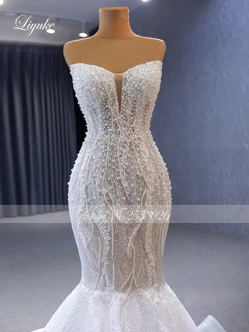 Liyuke Sheer Beading Pearls Sweetheart Mermaid Wedding Dress Uniquisite Lace Off Shoulder Sleeveless Trumpet Gowns