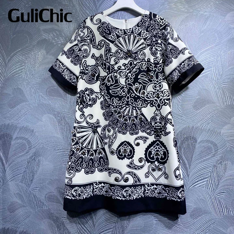 

3.30 GuliChic Women O-Neck Black Gorgeous Diamonds Beading Print Short Sleeve Loose Dress