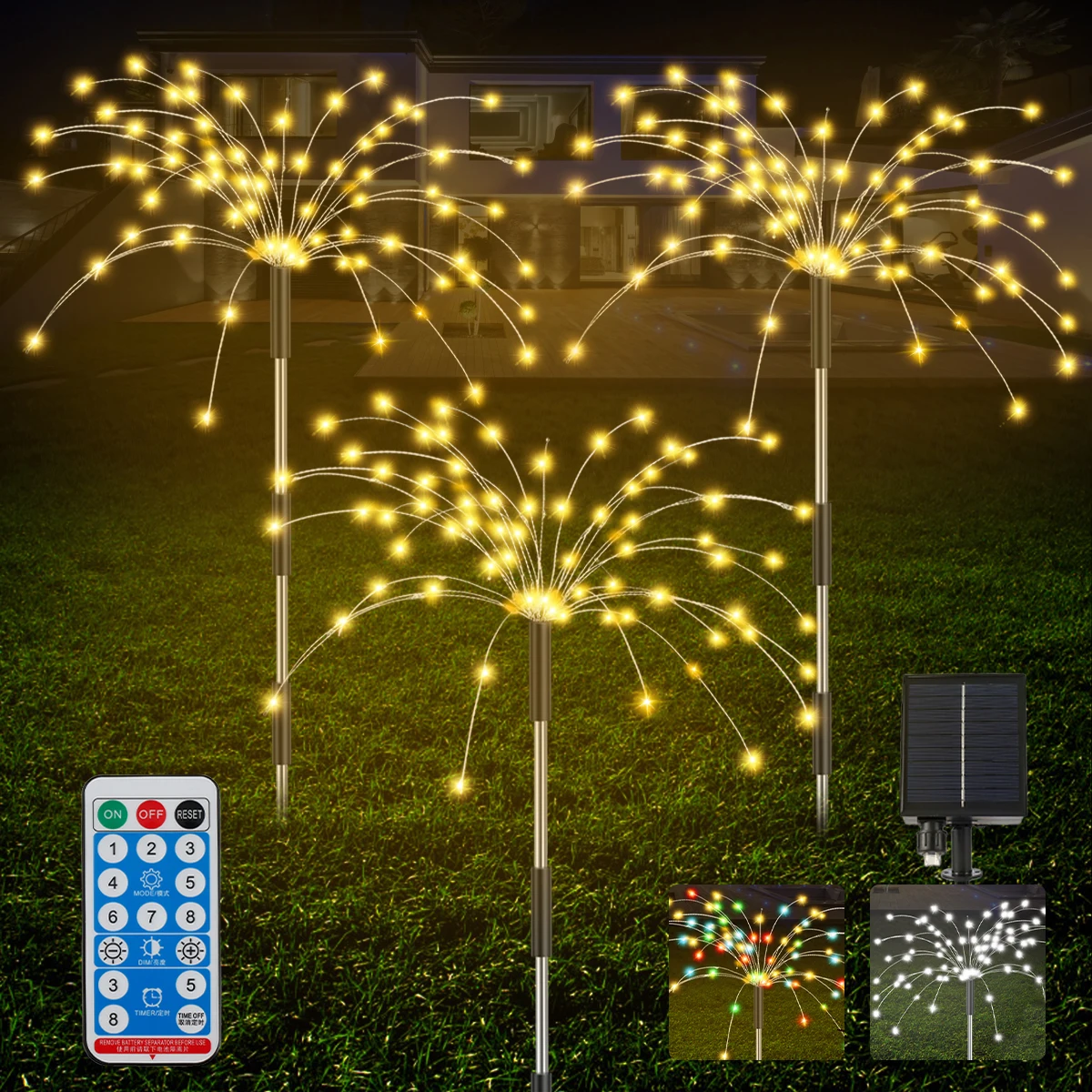 

3 Pack Solar Garden Firework Lights 120 LED Copper Wire Light with Remote Control 8 Lighting Modes Decorative Stake String Light