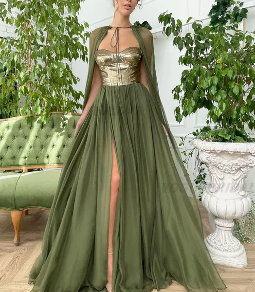 Купи Matcha Green Sweetheart Neck Prom Dress Sleeveless With Shawl Chiffon Evening Gown A-Line Floor-Length Vestidos De Fiesta 2023 за 4,756 рублей в магазине AliExpress