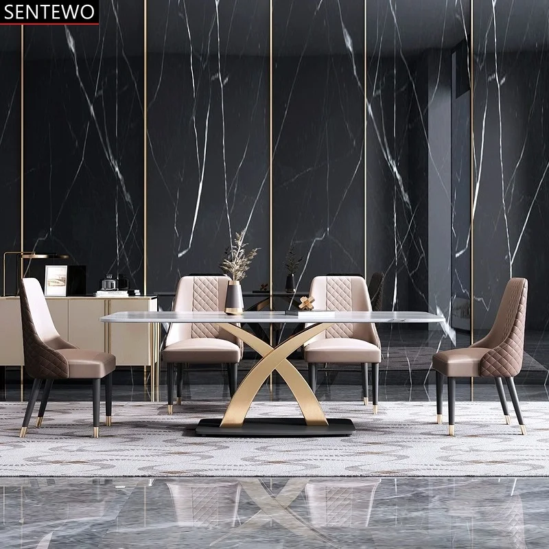 Роскошный мраморный обеденный стол набор из 6 стульев нержавеющей стали с