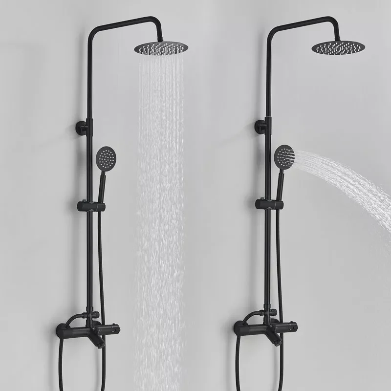 

Black Thermostatic Shower Faucet Set Wall Mount 8 Inch Shower Head Rotation Liftable Shower Systems Thermostat Mixer Bath Shower