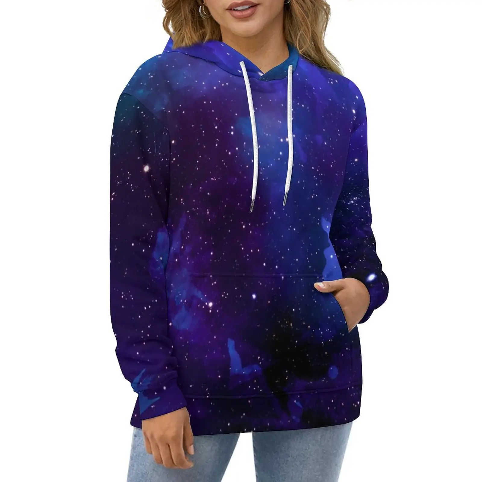 

Blue Galaxy Casual Hoodies Colorful Print Trendy Hoodie Woman Long Sleeve Hip Hop Graphic Loose Oversized Top