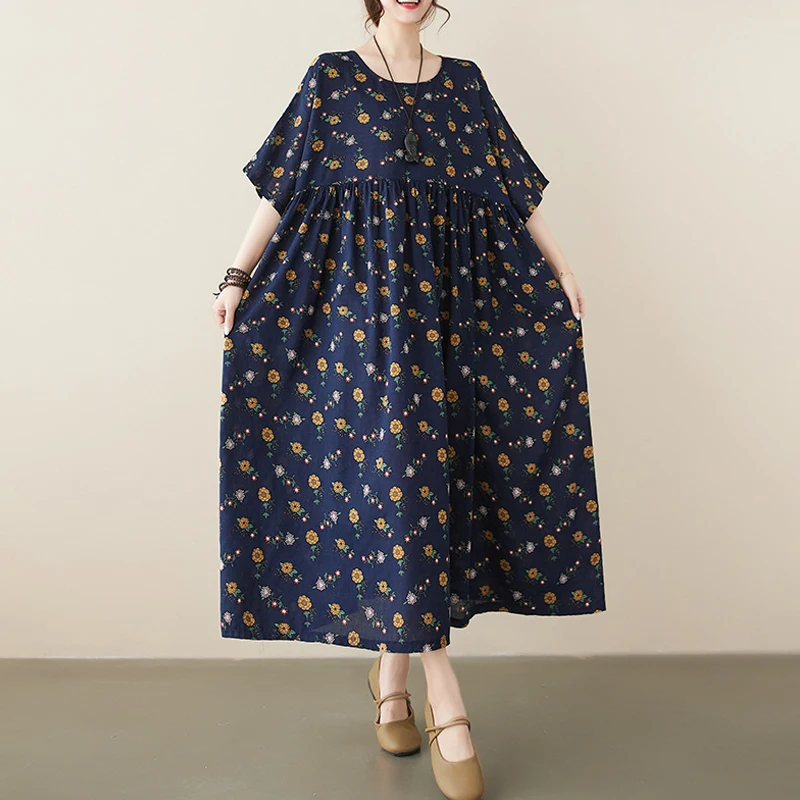 

Женское винтажное платье с цветочным принтом Johnature, Свободный пуловер с круглым вырезом, повседневный вариант на лето 2023