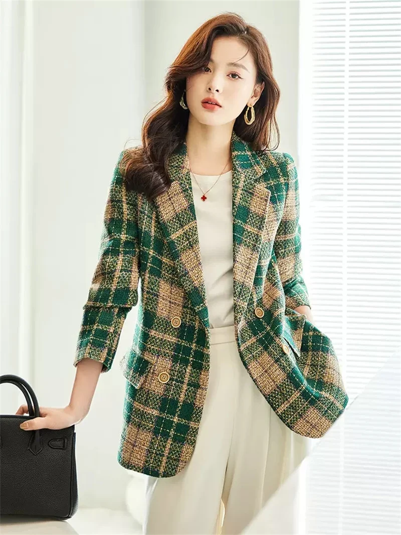 Retro Plaid Suit Woolen Coats Women's Clothing Autumn Winter Wool Jackets 2022 New Casual Large Size Blazers Outerwear bd650