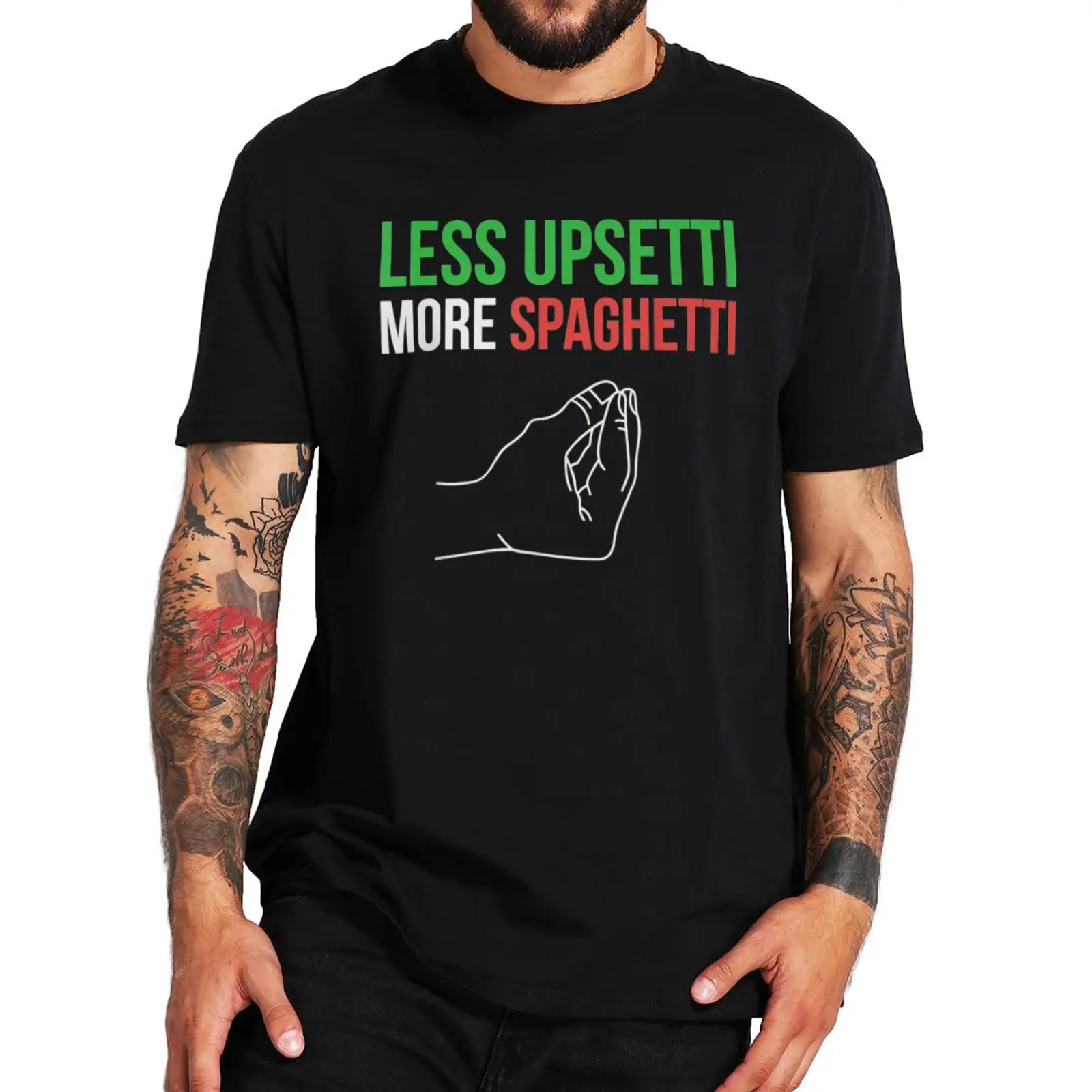 

Less Upsetti More Spaghetti T-Shirt Funny Italian Food Meme Essential Tees Short Sleeves 100% Cotton Oversized Men's Tshirt