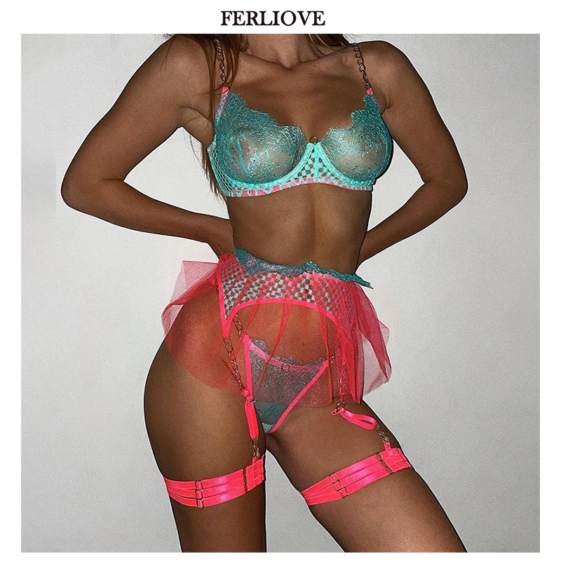 

Комплект контрастного кружевного нижнего белья FERLIOVE из 3 предметов, сетчатый набор в стиле пэчворк, привлекательные подтяжки с золотой цепо...