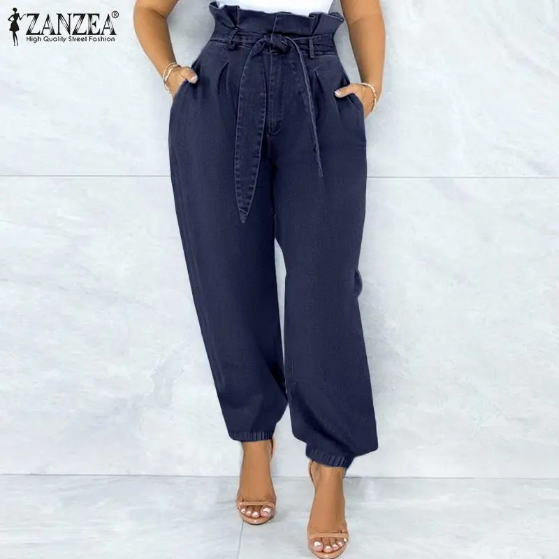 

ZANZEA Fashion Solid Trouser Spring Autumn Baggy High Waist Palazzo Casual Ruffle Pantalon Oversized Women Denim Blue Maxi Pants