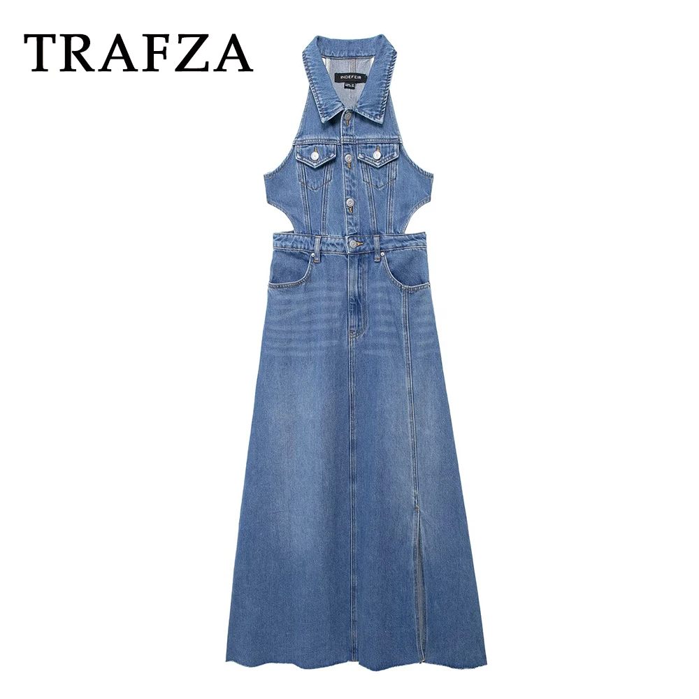 Женское джинсовое платье для отпуска TRAFZA однобортное длинное с вырезами