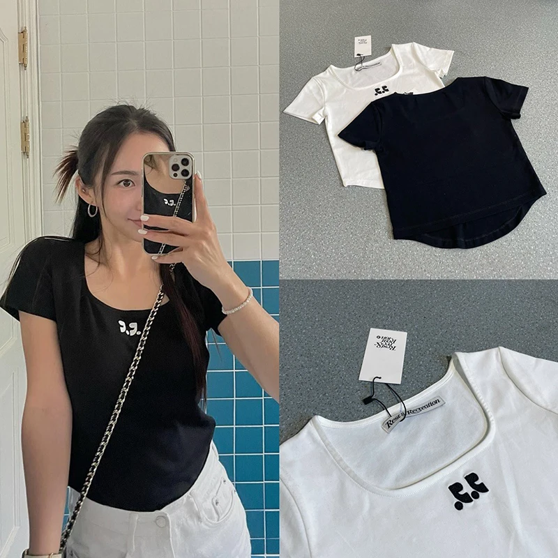 

Korean Women T-shirt Irregularity Fashion Summer Print Top Square Collar Casual Short Sleeve Tee 0027-4