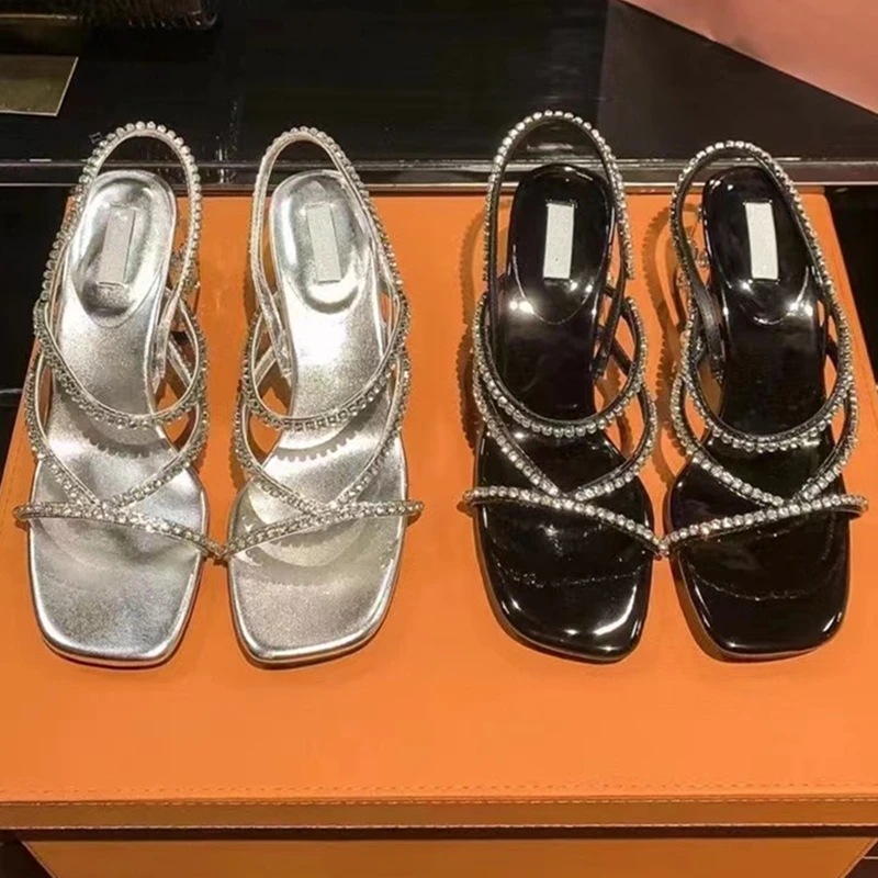 

2022 Summer New Luxury Rhinestone Cross Strap Chunky Heel Women'S Sandals Banquet Party Shiny Sexy High Heels