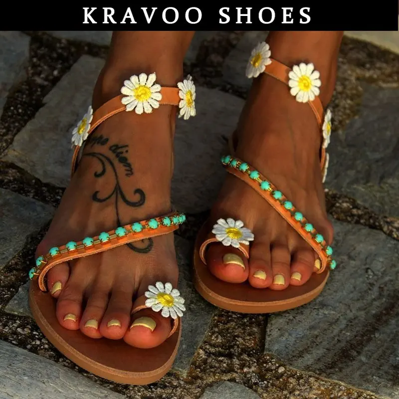 

KRAVOO Women Shoes Flower String Bead Clip Toe Women's Sandals Low Heels Slippers Narrow Band Flip Flops Outdoor Beach Slides