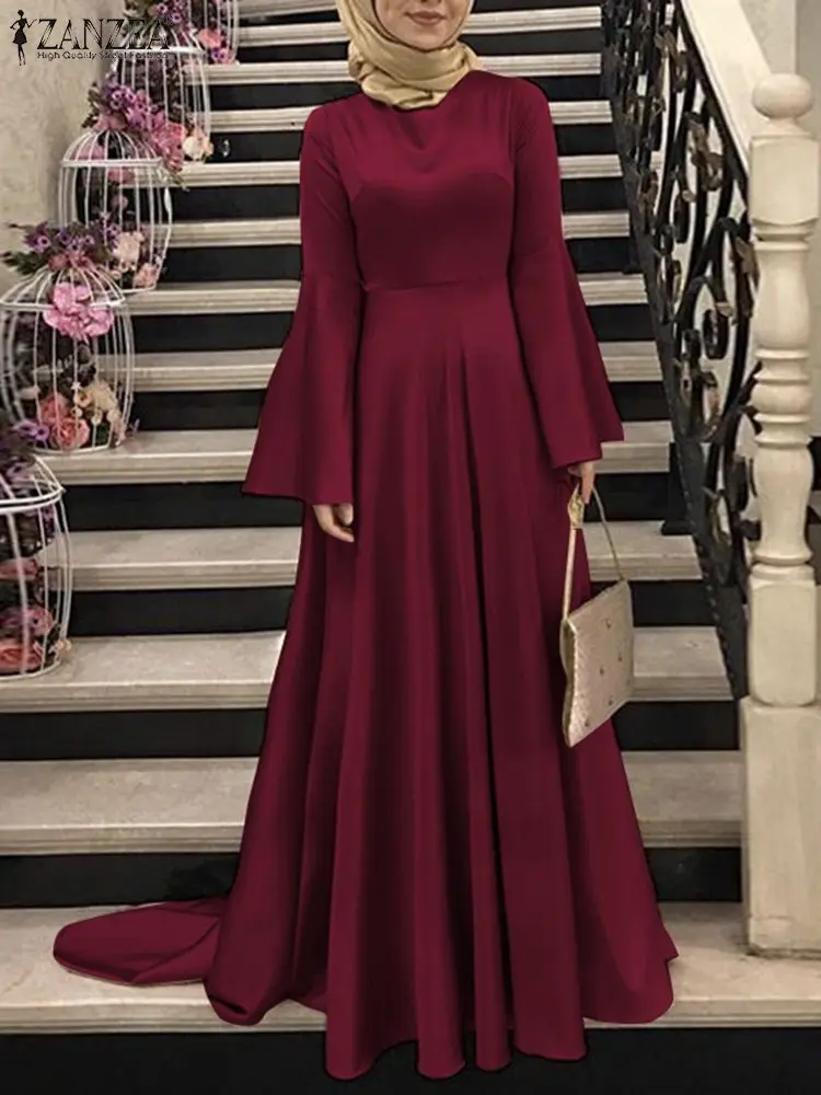 

2022 ZANZEA Women Spring Muslim Dress Flare Sleeve O-Neck Solid Abaya Kaftan Sundress Femme Fashion Casual Dubai Abaya Robe