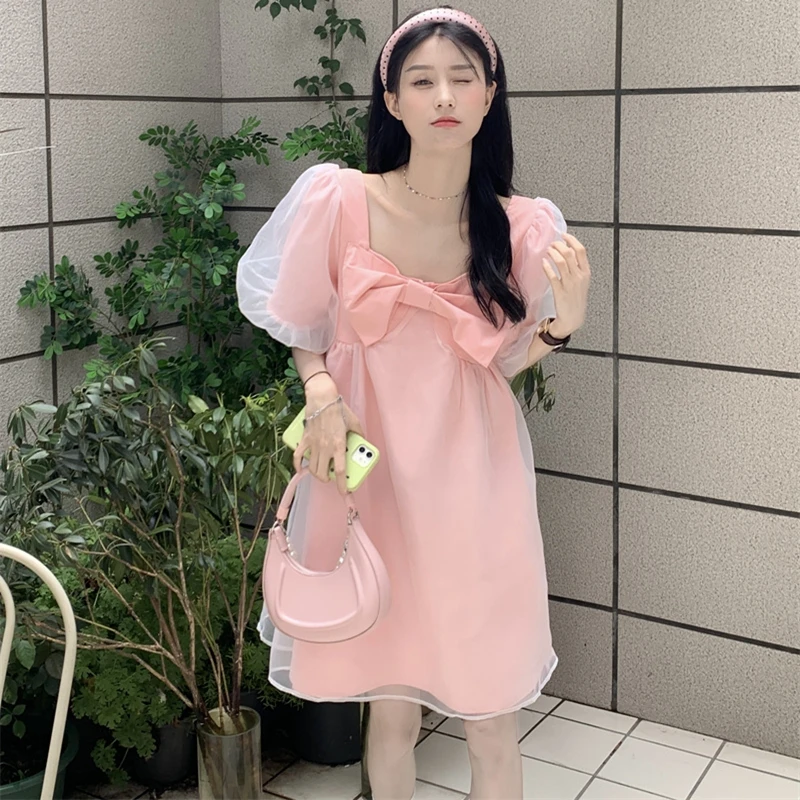 

2023 New Dress Korean Stereoscopic Bow Square Neck Bubble Sleeve Panel Mesh Fashion Versatile Free Shipping