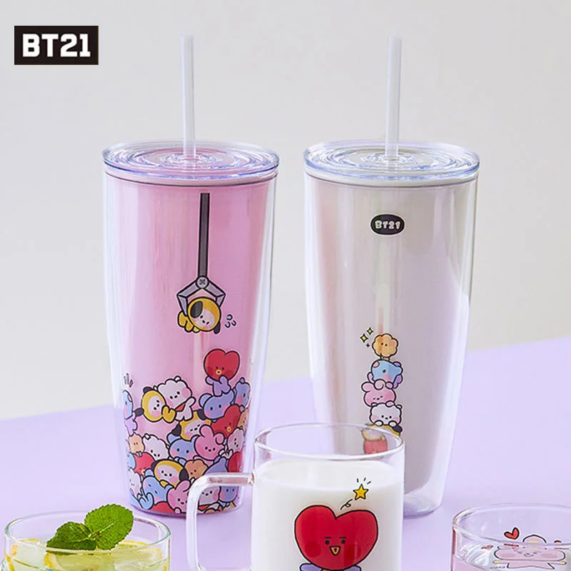 

720Ml Kawaii Bts Sippy Cup Kpop Bt21 Cartoon Cute Anime Water Glass High Capacity Plastic Cup Rj Child Toys Tata Line Friends