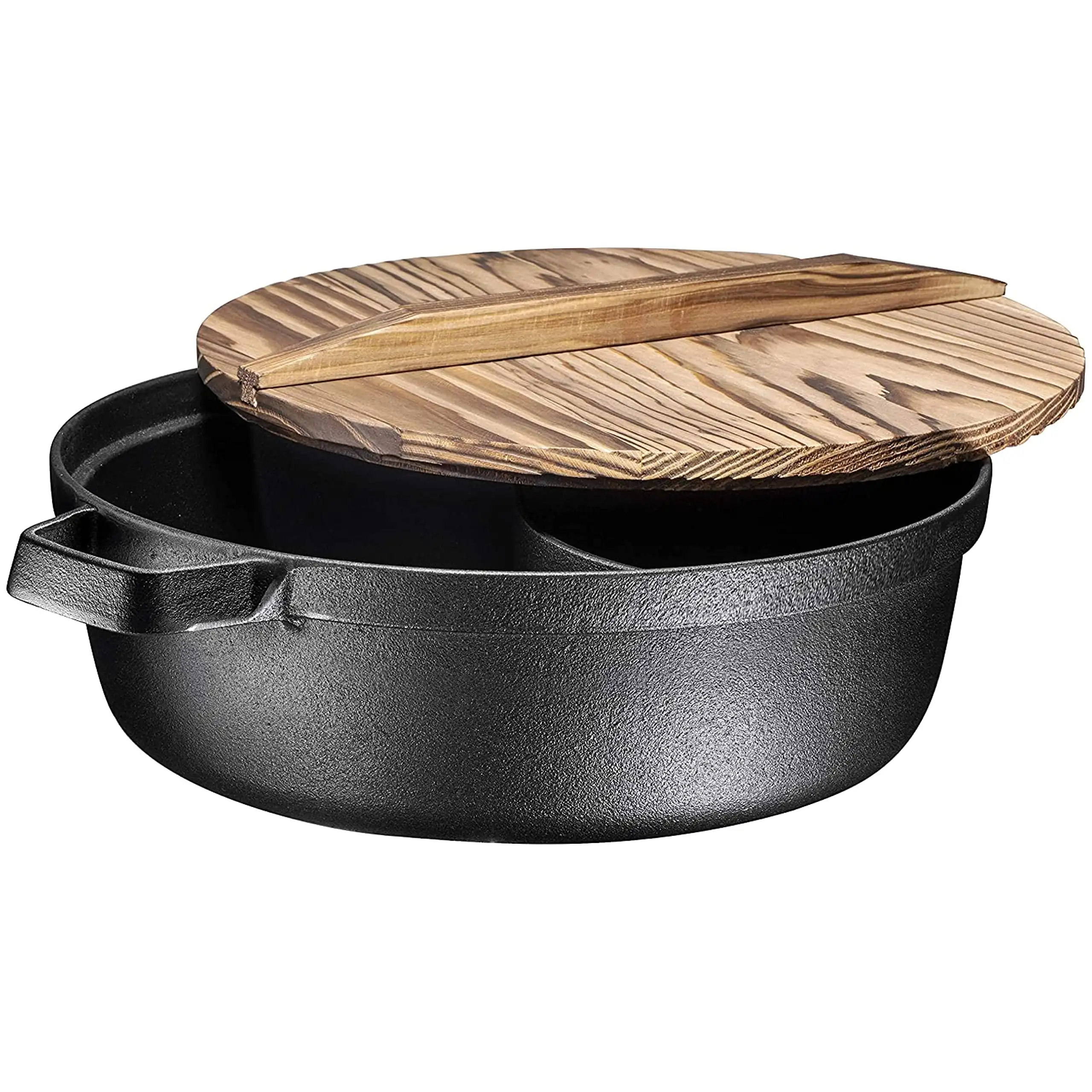 

NEW | Pre-Seasoned 2-In-1 Cast Iron Shabu Shabu Hot Pot With Wooden Lid Heavy Duty 5 Quart Dutch Oven Skillet and Lid Set