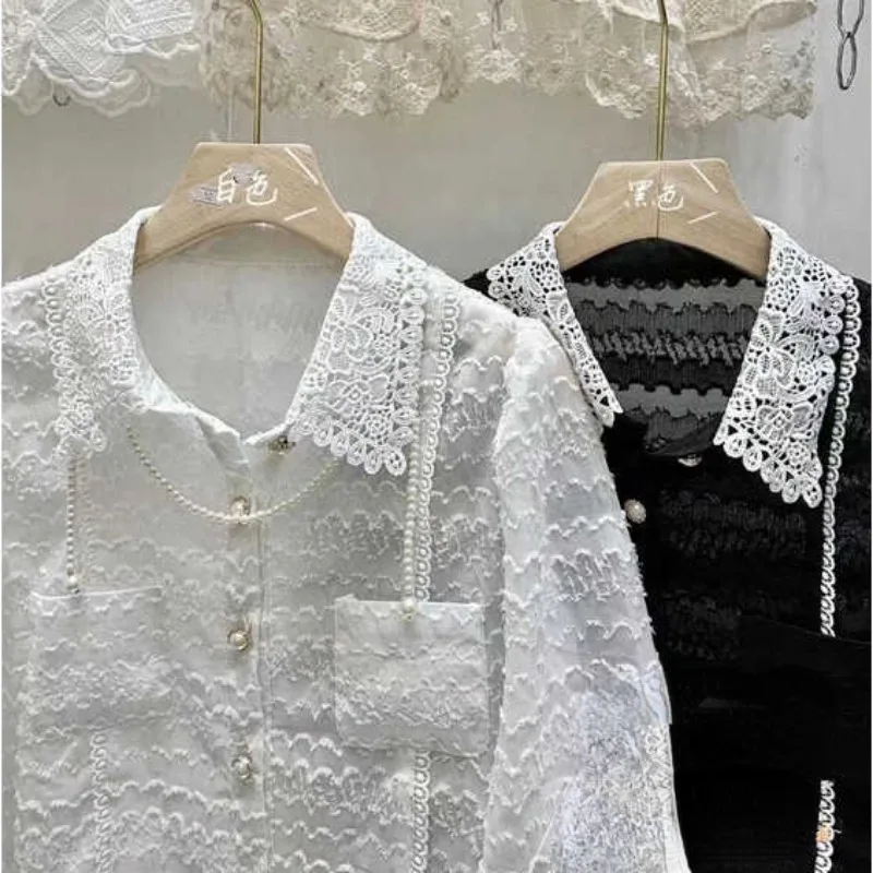 Элегантная винтажная кружевная блузка Neploe с отложным воротником Новинка лета 2024