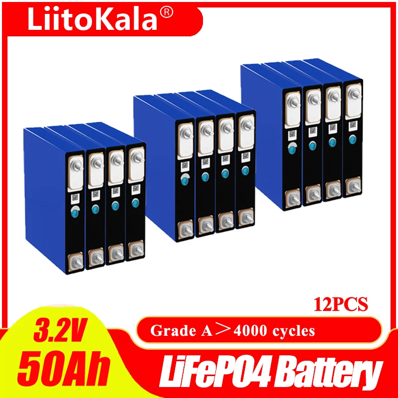 

12pcsLiitoKala 3.2v 50Ah LifePo4 battery 150A 3C high drain for diy 12V 24V solar Inverter electric vehicle coach golf cart