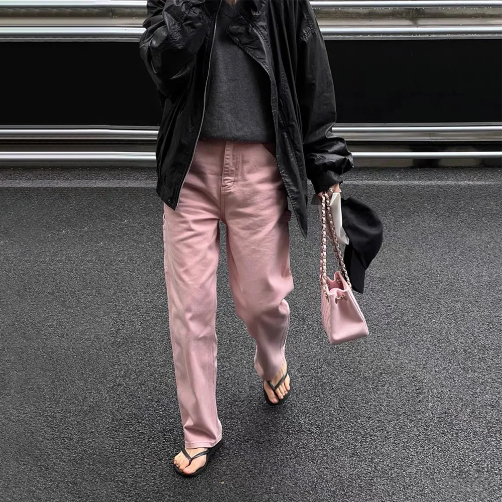 

2023 autumn and winter new niche pink jeans female high-waisted thin loose casual wide-legged trailing straight trousers
