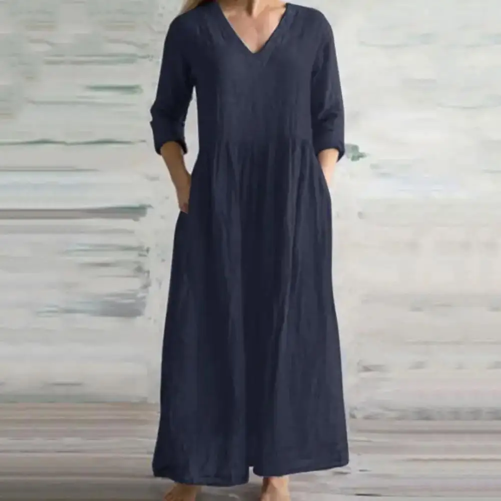 

Women Dress V Neck Half Sleeve Pockets Solid Color Dress Loose Ankle Length Soft Dress Pleated Patchwork Lady Summer Fall Dress