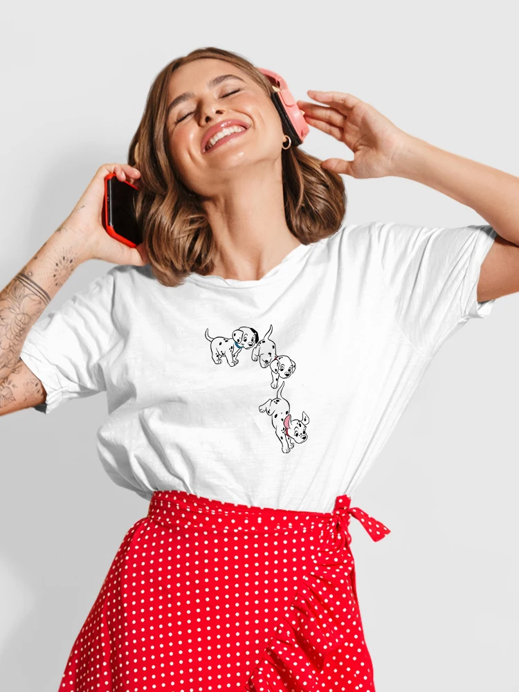 

Летняя женская футболка Disney 101 далматинец, белая универсальная забавная футболка с принтом собаки, для отдыха, Лидер продаж, бренд Disney с коро...