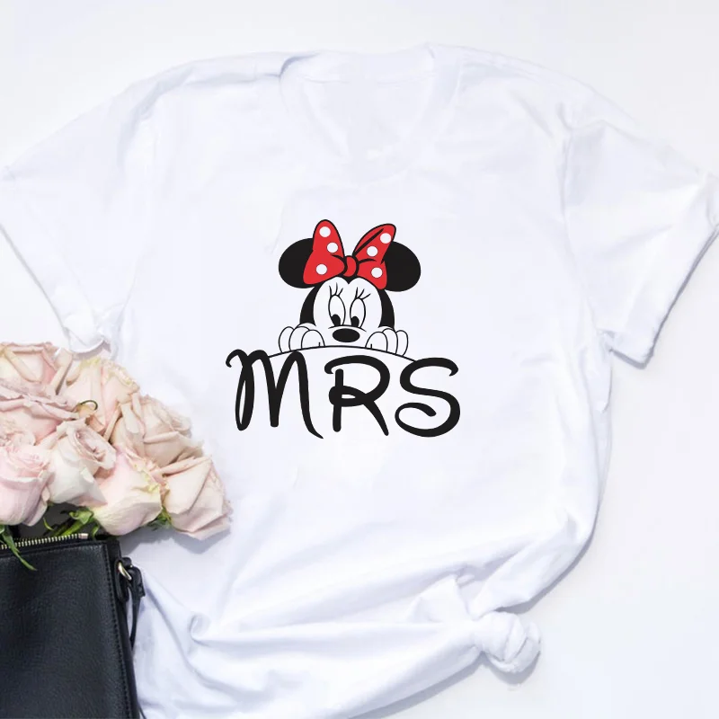 

Mrs Mr Bride Minnie Mouse Disney T Shirts For Women Summer Short Sleeves Lovely Harajuku Female Tshirts O-neck White Tops