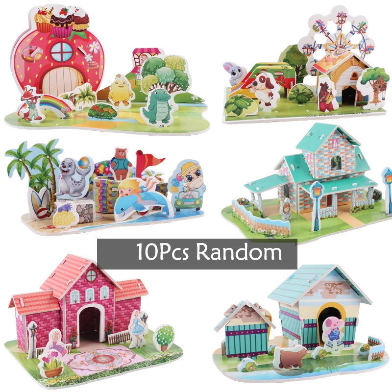 8Pc 3D Puzzle Cartoon House Farm Building Model DIY Educational Toys for Kids Birthday Baby Shower Party Favors School Awards