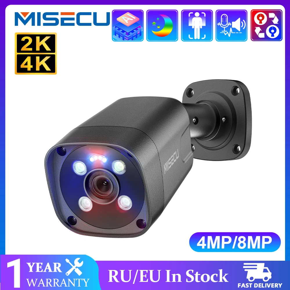 

MISECU 8MP 4K POE IP Camera Outdoor H.265 Onvif P2P 4MP Human Detection Color Night Vision Video Surveillance Security Camera