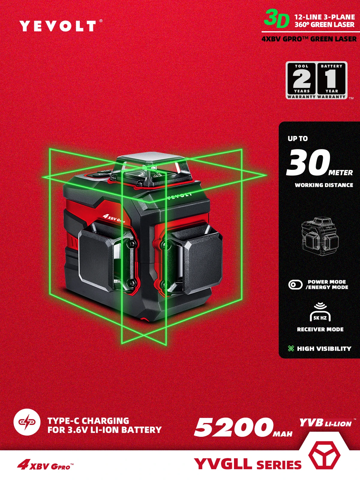 Серия YEVOLT YVGLL4XS12PRO Зеленый лазерный уровень 3-контактный 12-линейный
