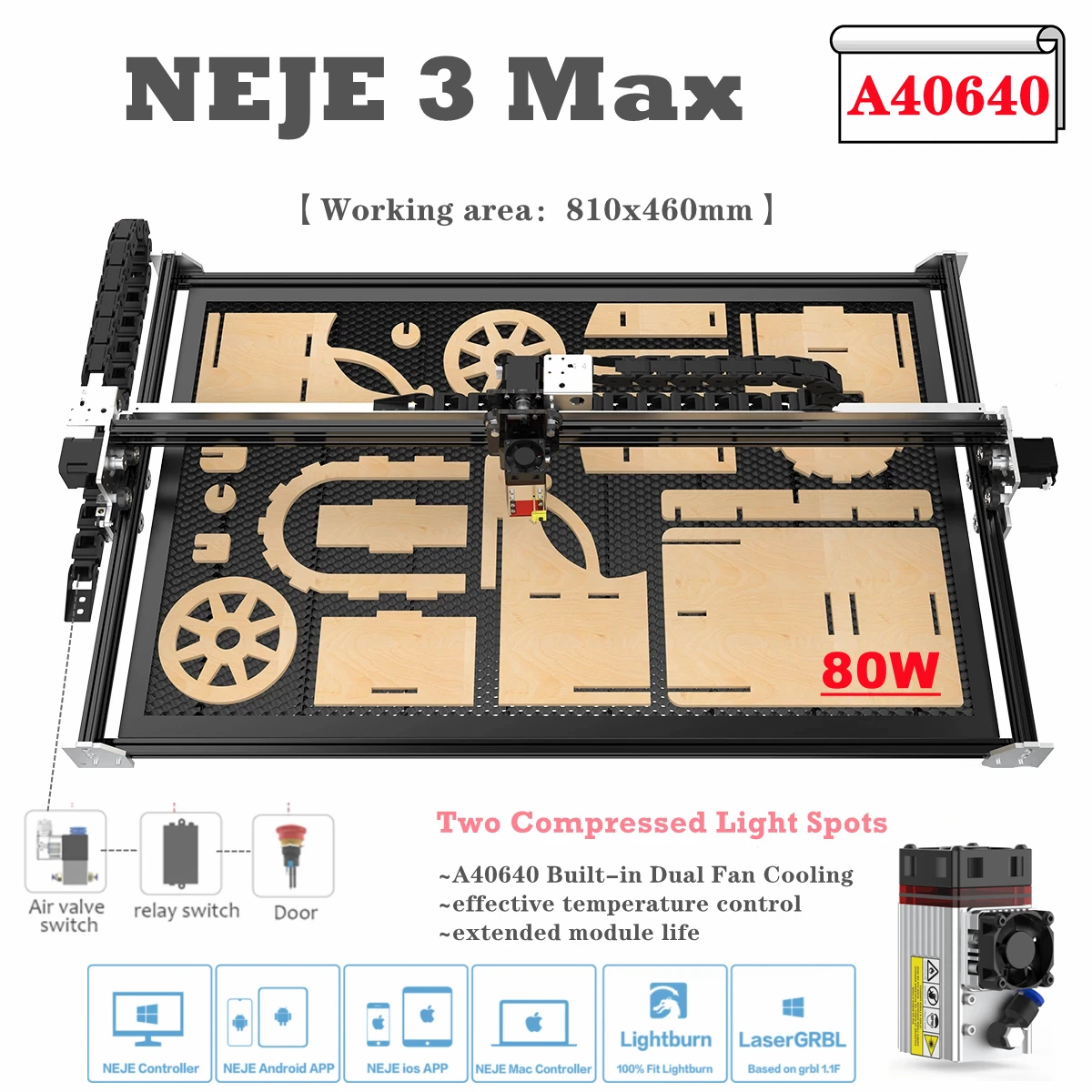 NEJE 3 Max A40640/E40 CNC 80W Laser Cutting Engraving Machine 3D Printer Wood Engraver Metal Marking Tool Lightburn Bluetooth
