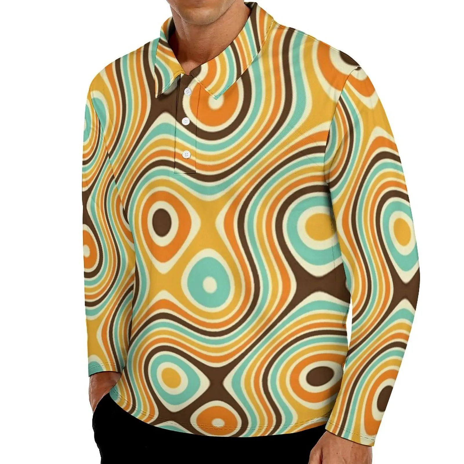 

Retro Psychedelic Print Polo Shirts Mid-Century Casual Shirt Long Sleeve Turn Down Collar Novelty Graphic Oversized T-Shirts