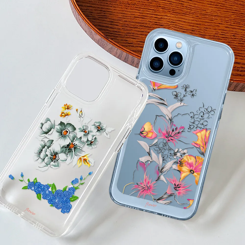 

Luxury Protection Shell for Iphone 11 Pro Max 13 12 Mini Flowe Leaves Phone Case for Iphone XS X XR Transparent PC+TPU Fundas