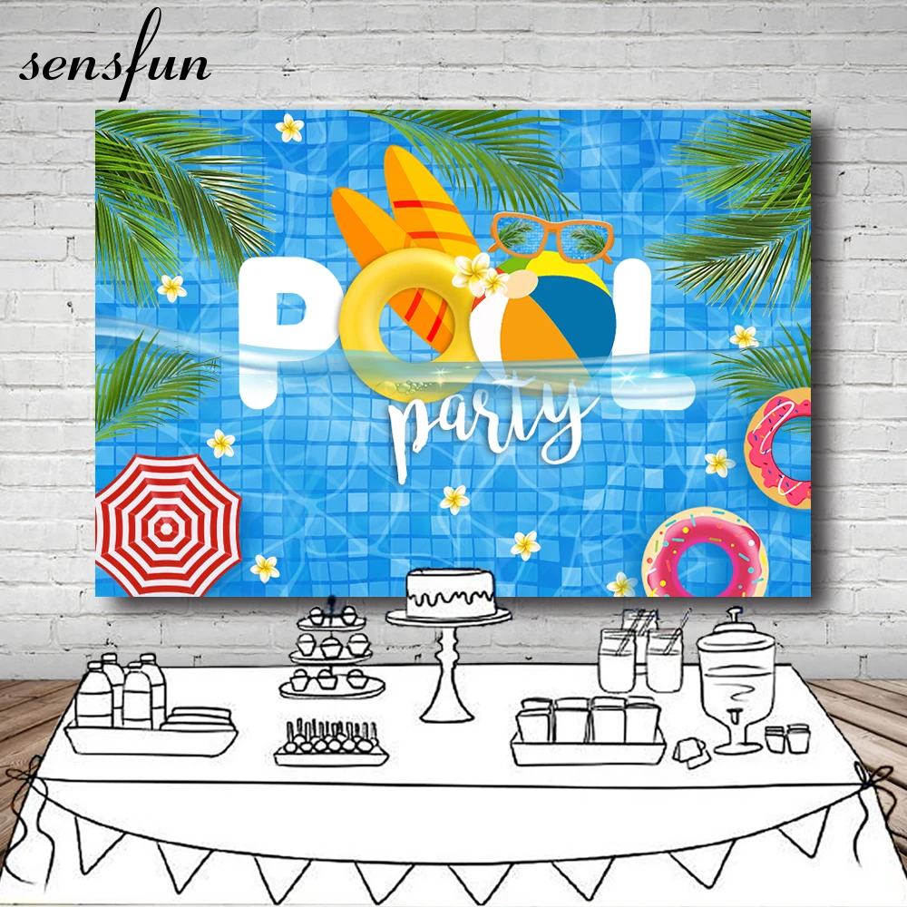 

Summer Pool Party Photography Backdrop Swimming Tropical Leaves Kids Birthday Background Photo Studio Table Banner Decoration