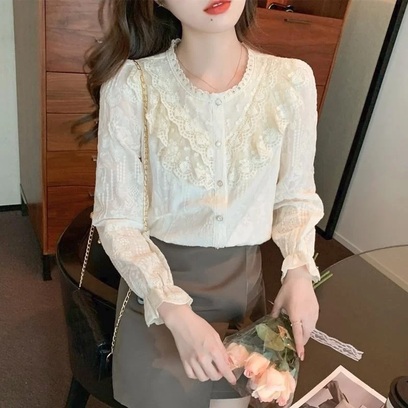 

Женская кружевная блузка с длинным рукавом, в стиле ретро