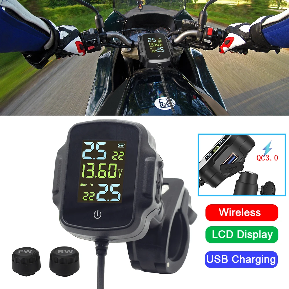

Аварийная система температуры шин с 2 внешними датчиками мотоцикла TPMS USB зарядное устройство с QC 3,0 для телефона планшета