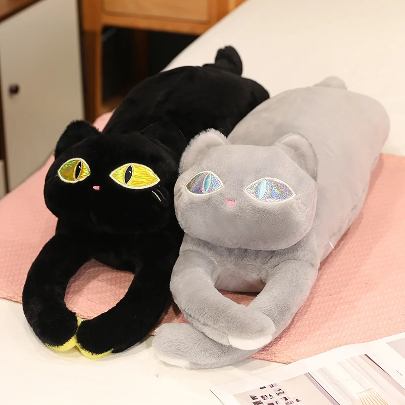 

1pc 70/95/115cm Gray And Black Long Strip Cat Prone Plush Toy Throw Pillow Soft Comfortable Sleeping Pillow Home Gift Decoration