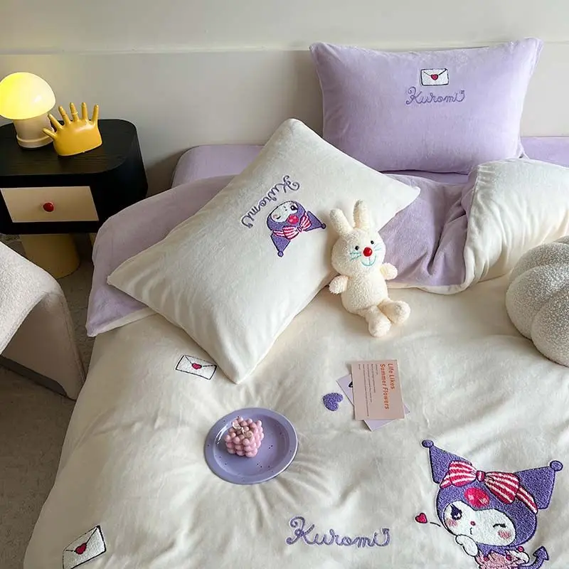 

Hello kitty Kuromi Cinnamoroll помпон пурин молочный бархат из трех частей зимнее утолщенное двухстороннее Фланелевое Коралловое бархатное постельное белье