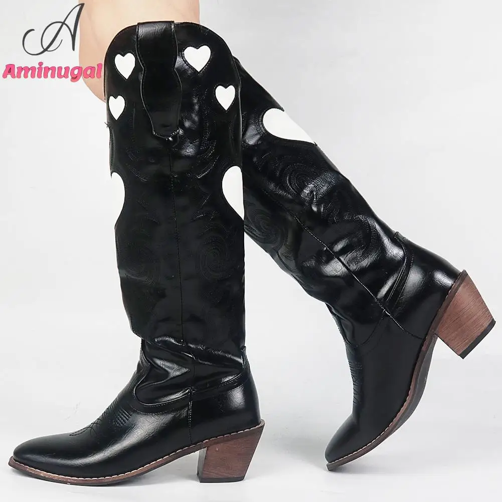 Cowboy Western Boots Pointed Toe Slip-On Heart-Shaped 2023 Spring Summer Fashion Cowgirl Comfy Women Knee High Boots Shoes
