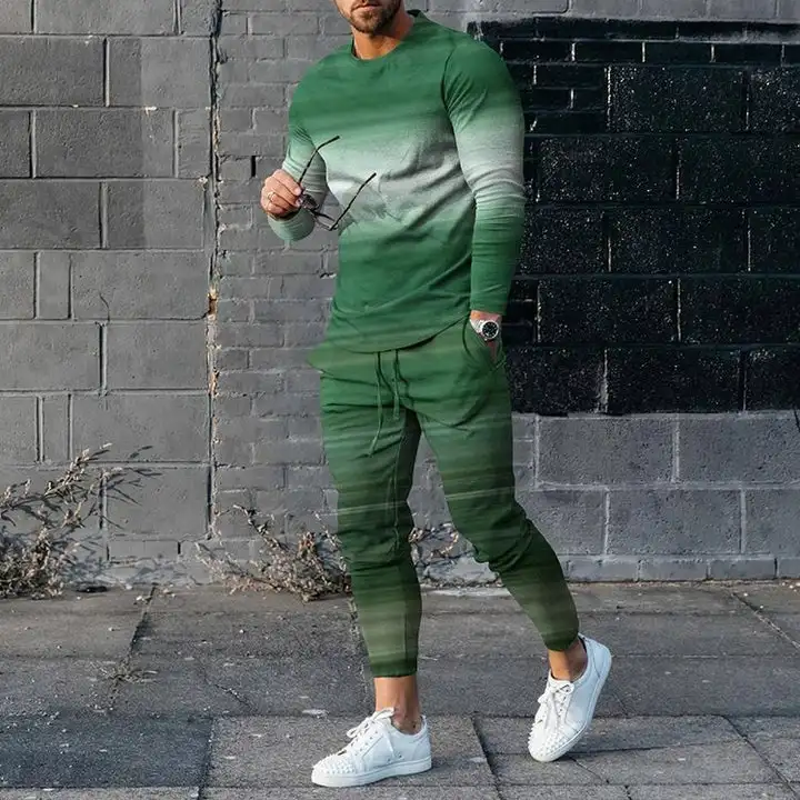 Men's Long Sleeve T-shirts and Pants Two Piece Green Geometry 3D Printed Men's Sets Casual Suit nike tech fleece