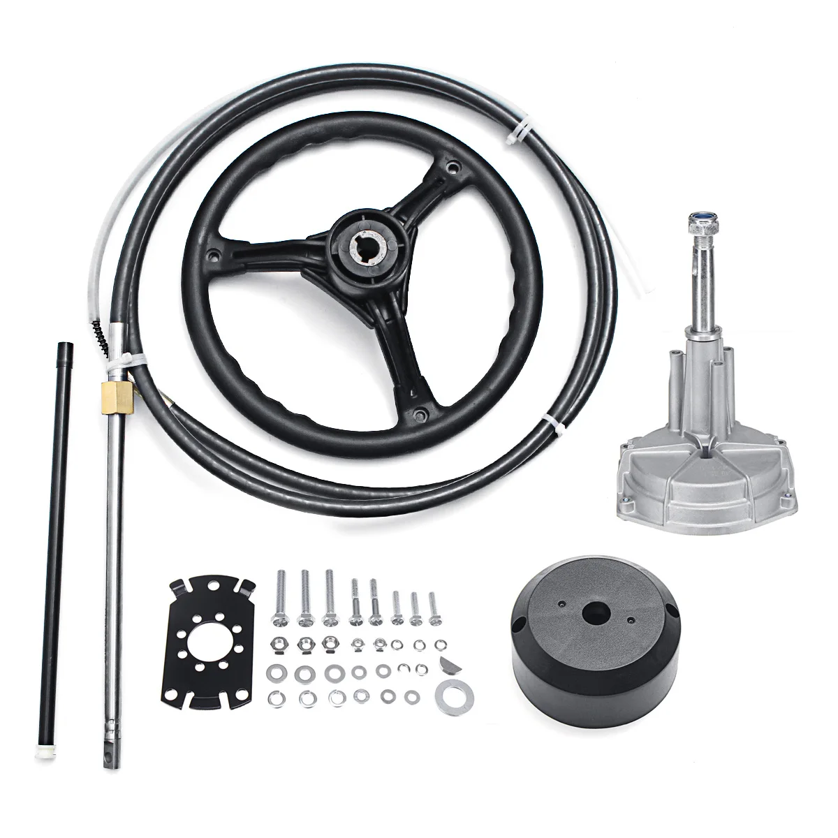 

10FT Marine Engine Turbine Rotary Steering System Boat Mechanical Cable & Wheel With 90 Degree Bearing Bezel Kit
