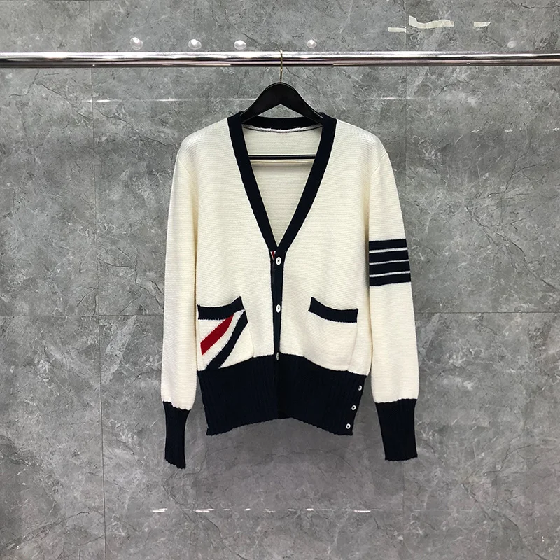 TB THOM Winter Korean Fashion Sweater Male White Cotton Hector Diagonal Stripe 4-Bar V-Ncek Cardigan For Women Coats