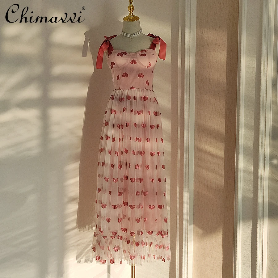 

Backless Sexy Lacing Bow Love Pattern Mesh Stitching Dress for Ladies 2022 Summer New Fashion Pink A-Line Dress Women's