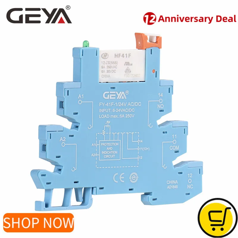 

GEYA FY-41F-1 Din Rail Slim Relay Module Protection Circuit 6A Relay 12VDC/AC or 24VDC/AC Relay Socket 6.2mm thickness